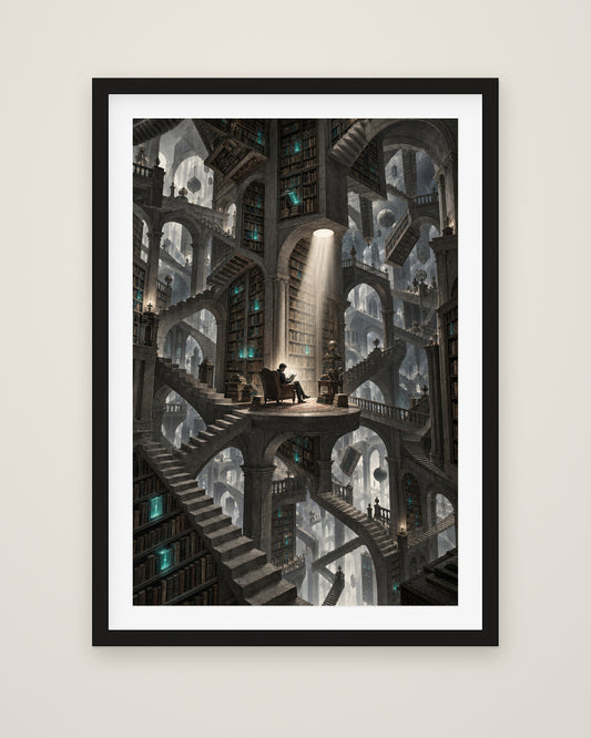 Bibliotheca Infinita by Lucien Arvaux, Museum Edition framed fine art print in a black box frame with a snow white mount