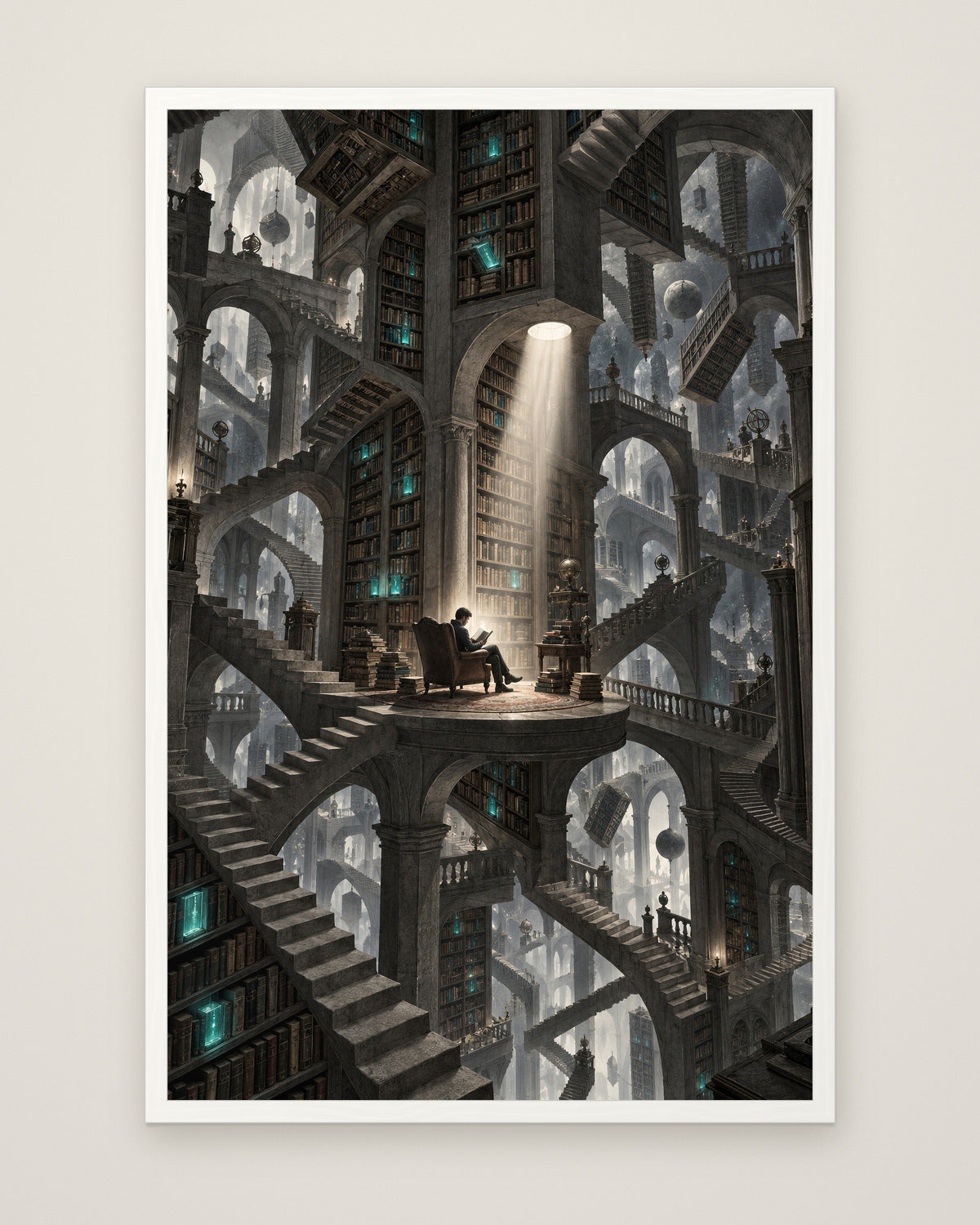 Bibliotheca Infinita by Lucien Arvaux, Museum Edition framed edge to edge in a white box frame, 60 × 90 cm and 80 × 120 cm