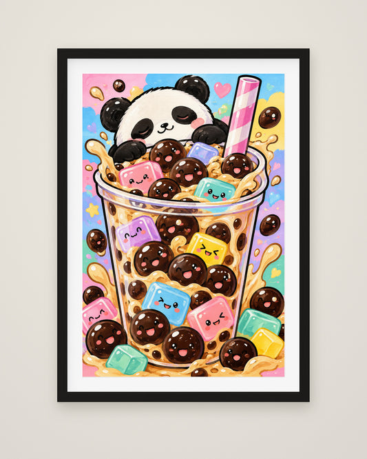 Bubble Tea Buddies by Juno Bright, Museum Edition framed fine art print in a black box frame with a snow white mount