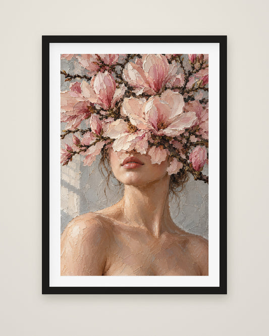 Magnolia Silence by Delphine Arcadi, Museum Edition framed fine art print in a black box frame with a snow white mount