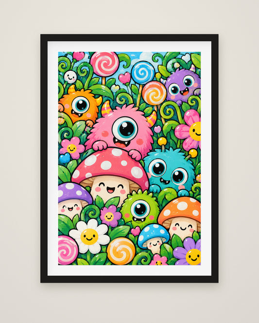 Monster Garden by Juno Bright, Museum Edition framed fine art print in a black box frame with a snow white mount