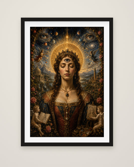 The Awakening of Celestia by Lorenza di Valieri, Museum Edition framed fine art print in a black box frame with a snow white mount