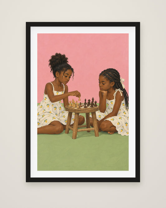The Chess Players by Theo Ashby, Museum Edition framed fine art print in a black box frame with a snow white mount