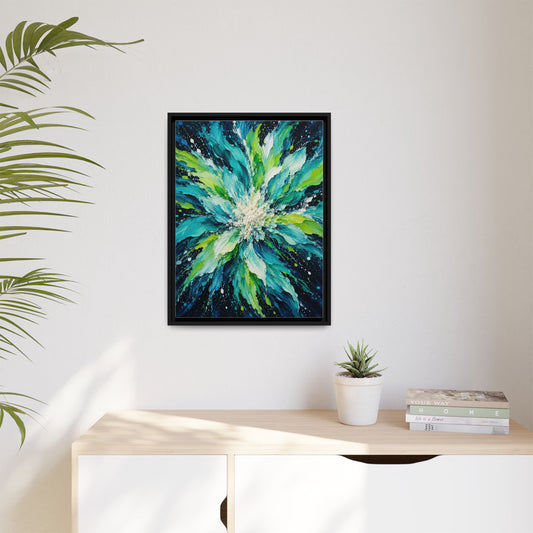 Lagoon Bloom framed canvas in a room
