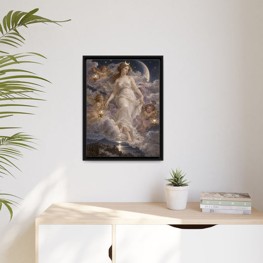 The Descent of Selene framed canvas in a room