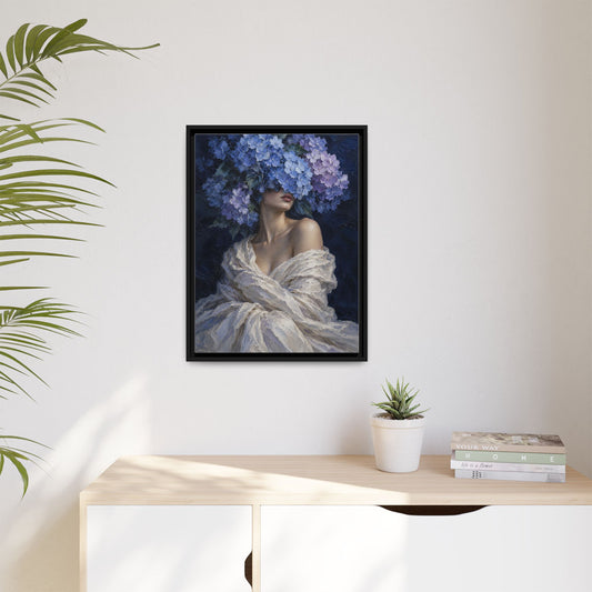 Hydrangea Blue framed canvas in a room