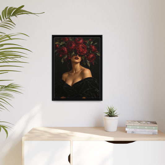 Crimson Reverie framed canvas in a room