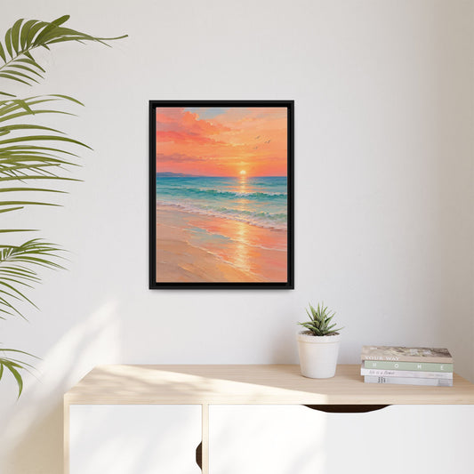 Coral Shore framed canvas in a room