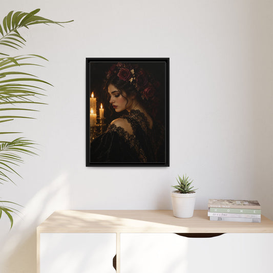 Rosa Notturna framed canvas in a room