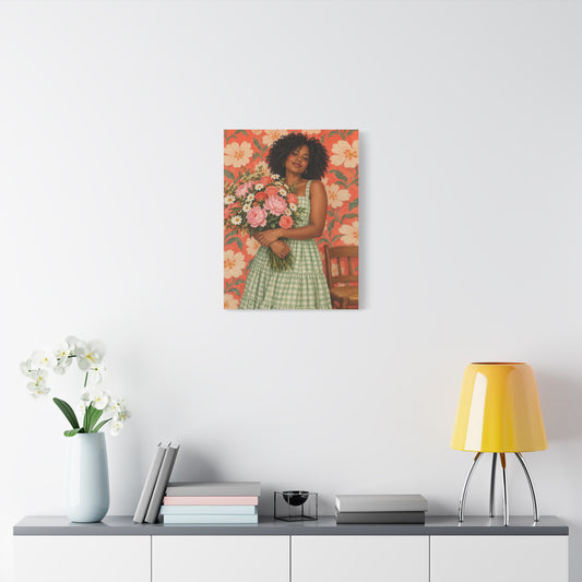 Sunday Peonies frameless canvas in a room