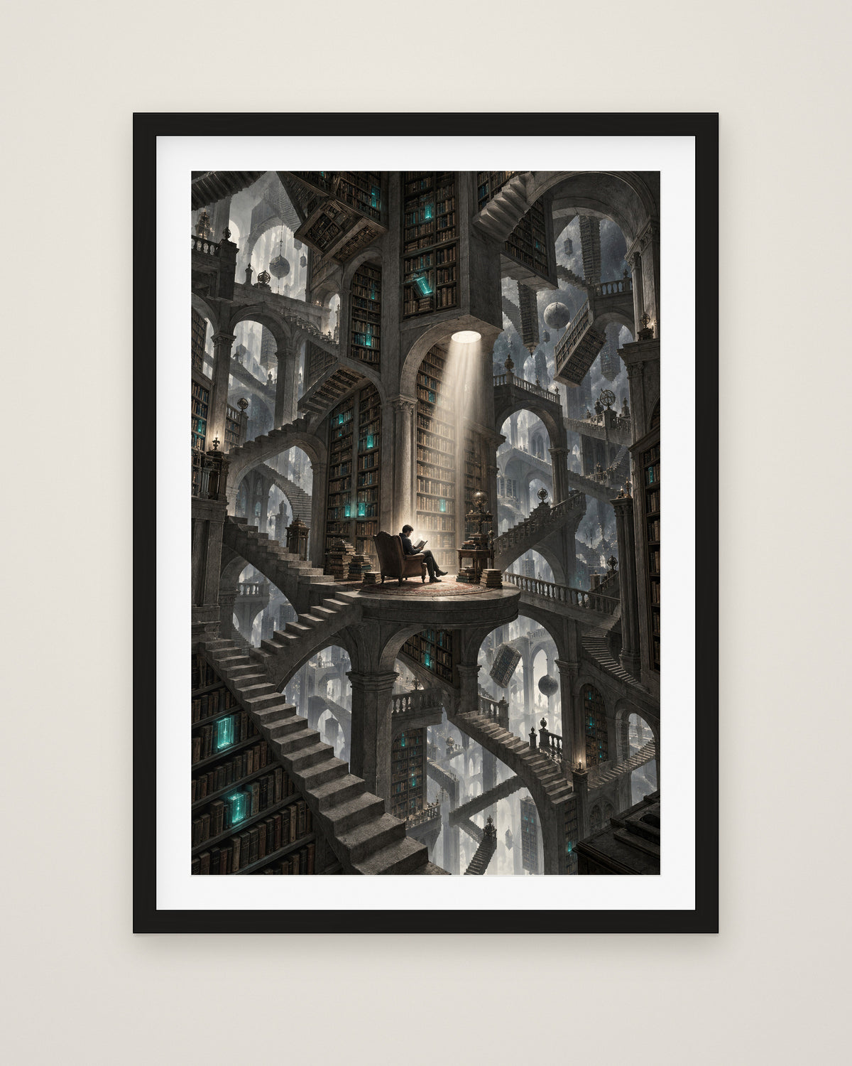 Bibliotheca Infinita by Lucien Arvaux, Museum Edition framed fine art print in a black box frame with a snow white mount