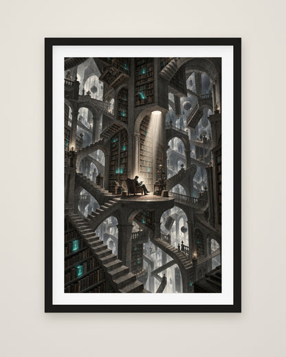 Bibliotheca Infinita by Lucien Arvaux, Museum Edition framed fine art print in a black box frame with a snow white mount