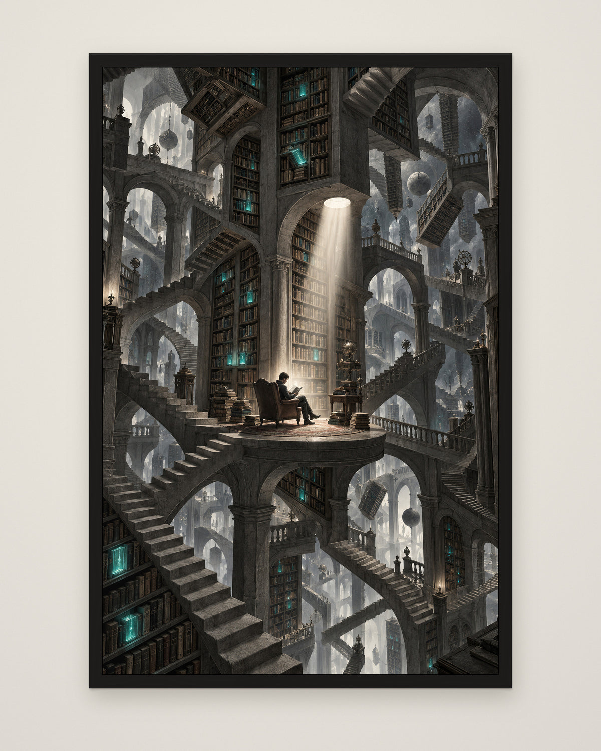 Bibliotheca Infinita by Lucien Arvaux, Museum Edition framed edge to edge in a black box frame, 60 × 90 cm and 80 × 120 cm