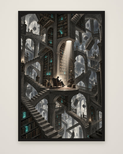 Bibliotheca Infinita by Lucien Arvaux, Museum Edition framed edge to edge in a black box frame, 60 × 90 cm and 80 × 120 cm