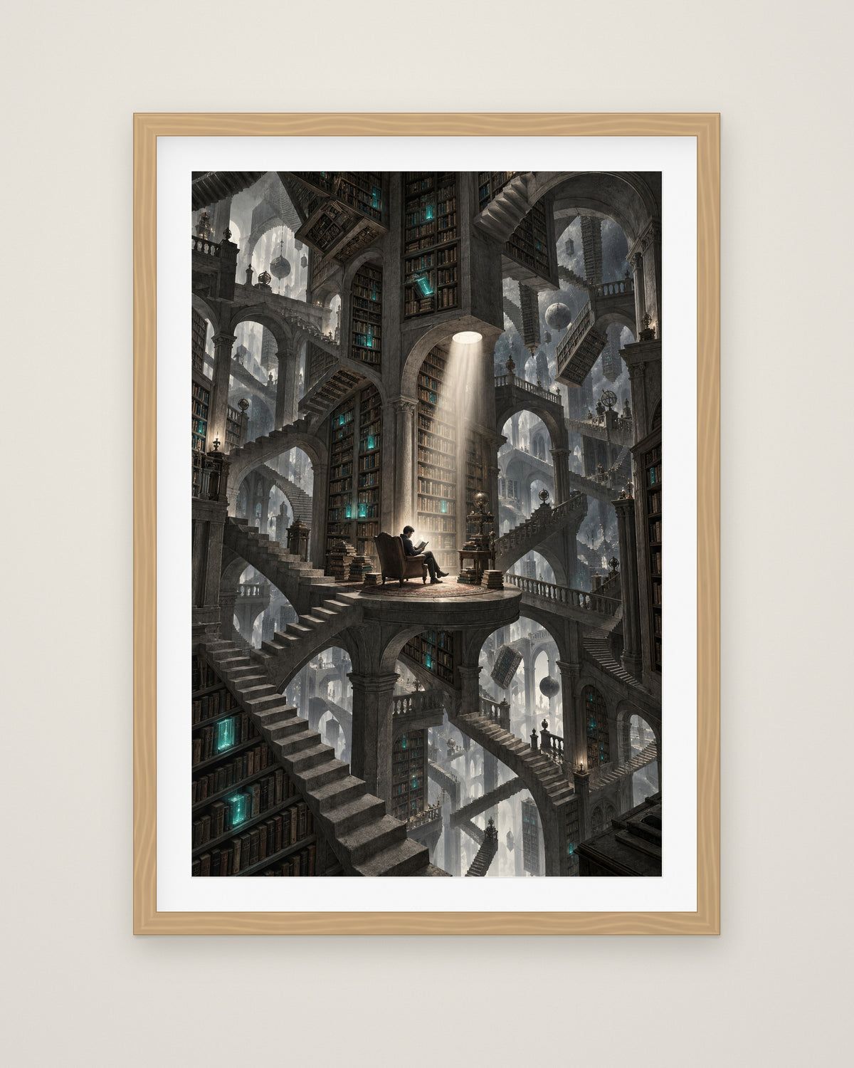 Bibliotheca Infinita by Lucien Arvaux, Museum Edition framed fine art print in a natural box frame with a snow white mount