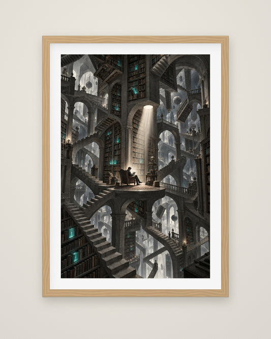 Bibliotheca Infinita by Lucien Arvaux, Museum Edition framed fine art print in a natural box frame with a snow white mount