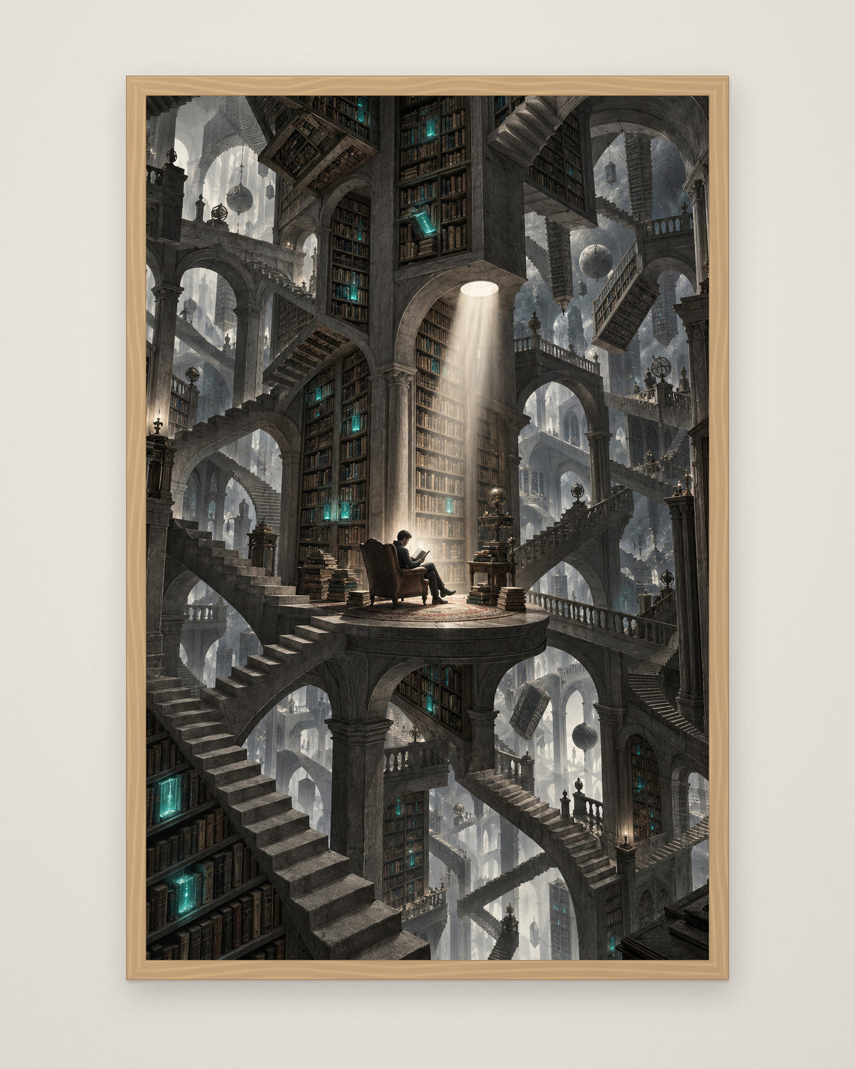 Bibliotheca Infinita by Lucien Arvaux, Museum Edition framed edge to edge in a natural box frame, 60 × 90 cm and 80 × 120 cm