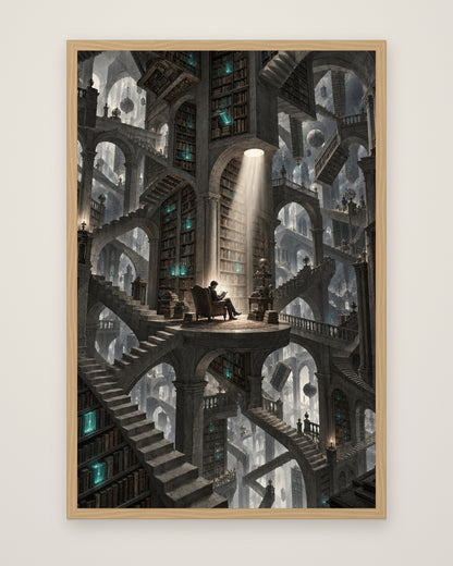 Bibliotheca Infinita by Lucien Arvaux, Museum Edition framed edge to edge in a natural box frame, 60 × 90 cm and 80 × 120 cm