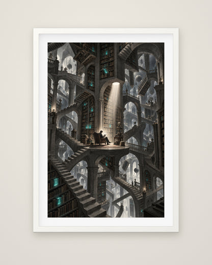 Bibliotheca Infinita by Lucien Arvaux, Museum Edition framed fine art print in a white box frame with a snow white mount