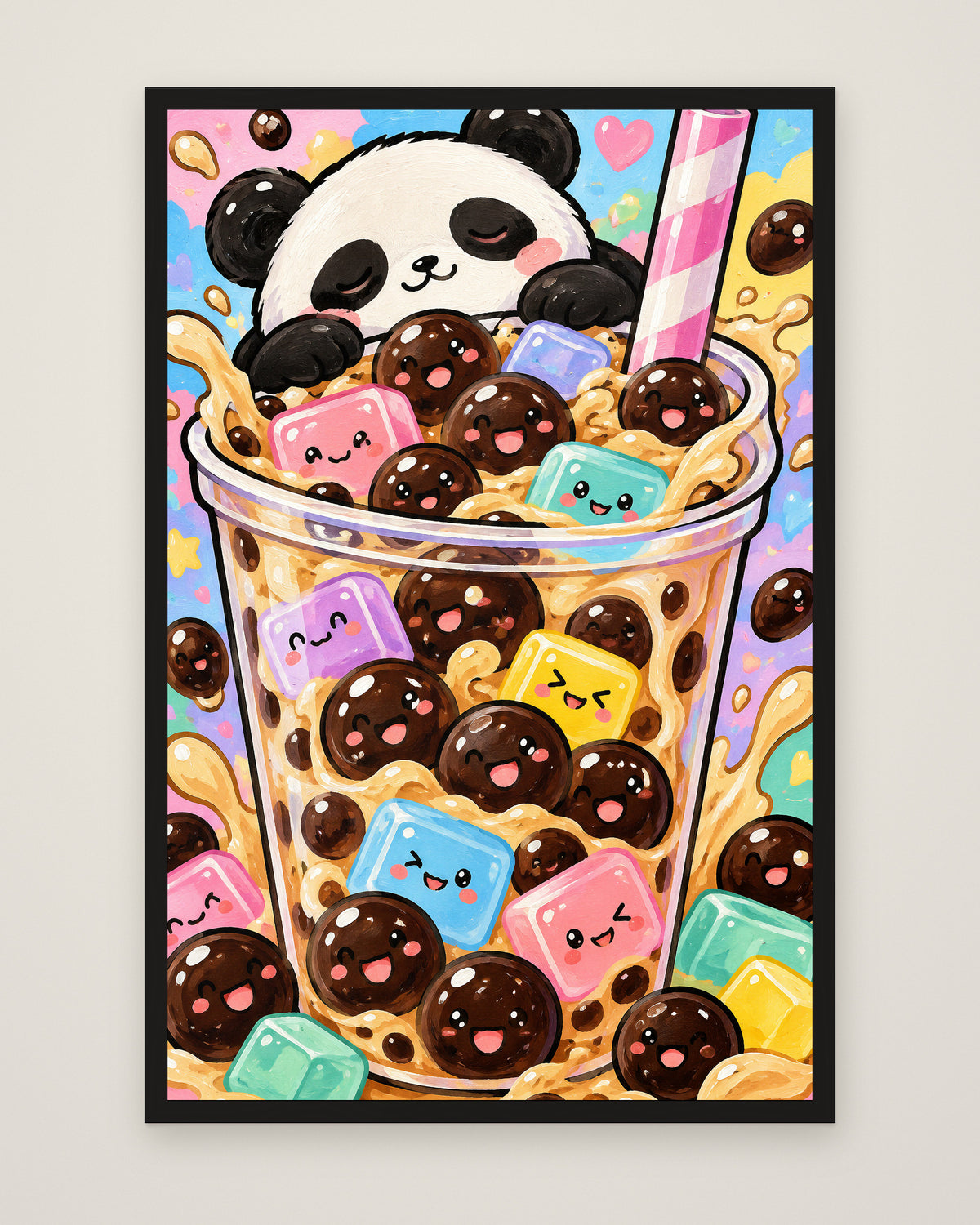 Bubble Tea Buddies by Juno Bright, Museum Edition framed edge to edge in a black box frame, 60 × 90 cm and 80 × 120 cm