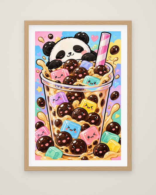 Bubble Tea Buddies by Juno Bright, Museum Edition framed fine art print in a natural box frame with a snow white mount