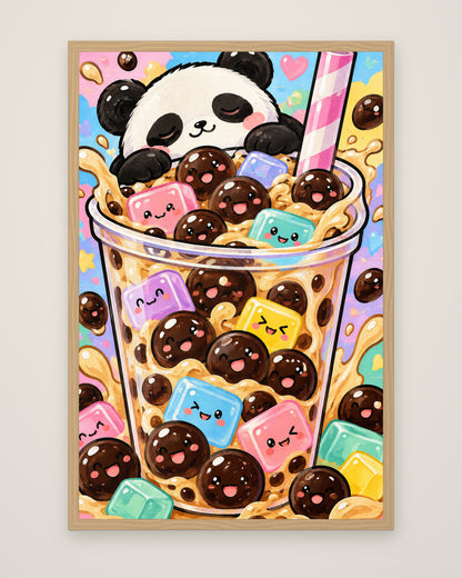 Bubble Tea Buddies by Juno Bright, Museum Edition framed edge to edge in a natural box frame, 60 × 90 cm and 80 × 120 cm