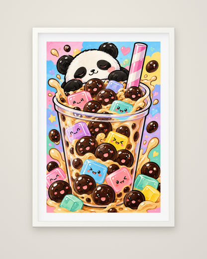 Bubble Tea Buddies by Juno Bright, Museum Edition framed fine art print in a white box frame with a snow white mount