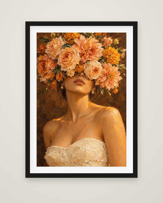 Golden Hour Bloom by Delphine Arcadi, Museum Edition framed fine art print in a black box frame with a snow white mount
