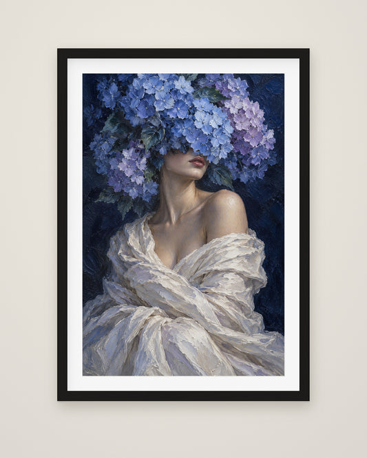 Hydrangea Blue by Delphine Arcadi, Museum Edition framed fine art print in a black box frame with a snow white mount