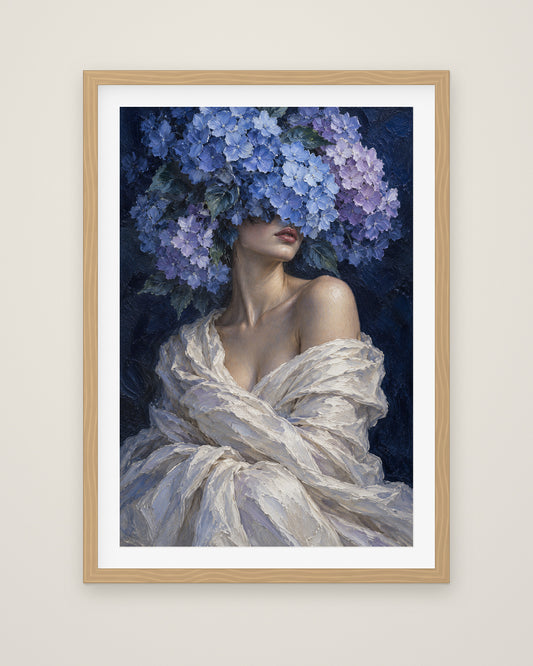 Hydrangea Blue by Delphine Arcadi, Museum Edition framed fine art print in a natural box frame with a snow white mount