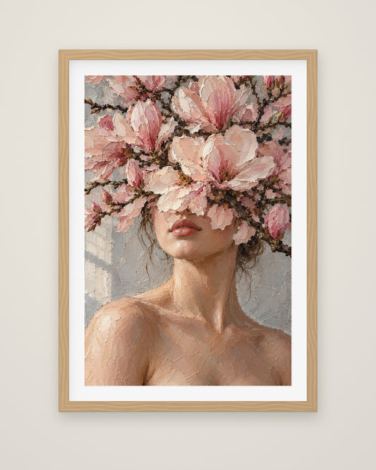Magnolia Silence by Delphine Arcadi, Museum Edition framed fine art print in a natural box frame with a snow white mount