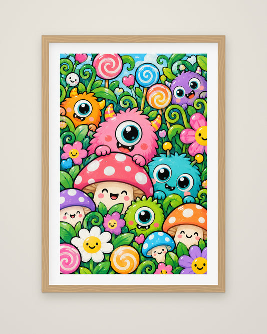 Monster Garden by Juno Bright, Museum Edition framed fine art print in a natural box frame with a snow white mount