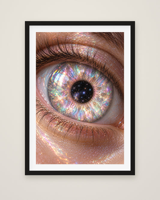Opaline Iris by Nova Vale, Museum Edition framed fine art print in a black box frame with a snow white mount