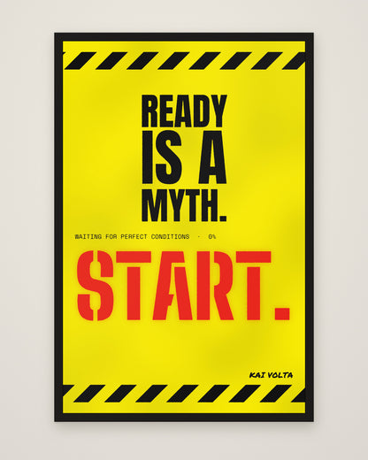 Ready Is a Myth by Kai Volta, Museum Edition framed edge to edge in a black box frame, 60 × 90 cm and 80 × 120 cm