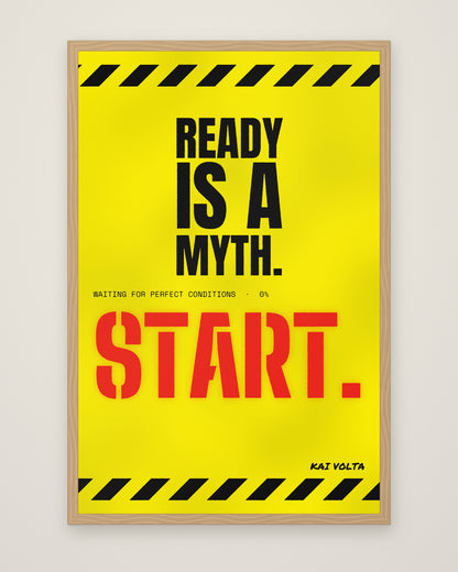 Ready Is a Myth by Kai Volta, Museum Edition framed edge to edge in a natural box frame, 60 × 90 cm and 80 × 120 cm