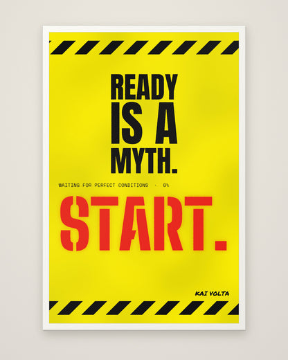 Ready Is a Myth by Kai Volta, Museum Edition framed edge to edge in a white box frame, 60 × 90 cm and 80 × 120 cm