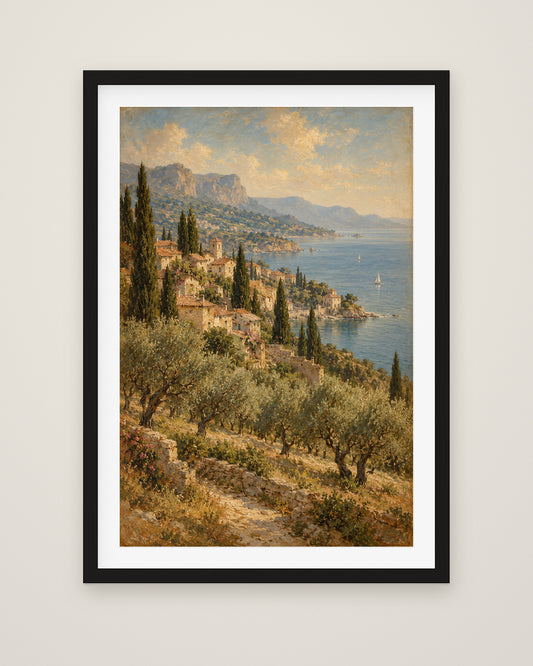 Riviera Afternoon by Rowan Ellery, Museum Edition framed fine art print in a black box frame with a snow white mount