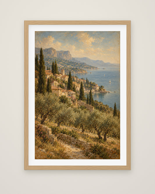 Riviera Afternoon by Rowan Ellery, Museum Edition framed fine art print in a natural box frame with a snow white mount