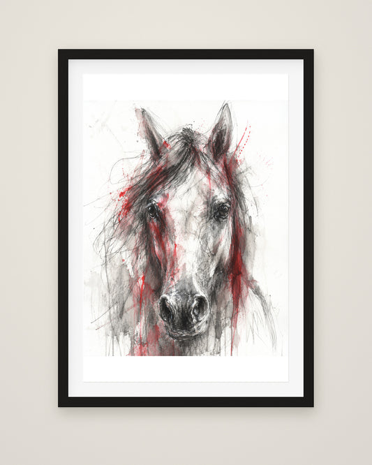 Scarlet Equus by Cassian Rooke, Museum Edition framed fine art print in a black box frame with a snow white mount