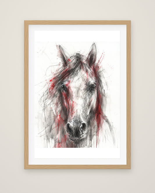 Scarlet Equus by Cassian Rooke, Museum Edition framed fine art print in a natural box frame with a snow white mount