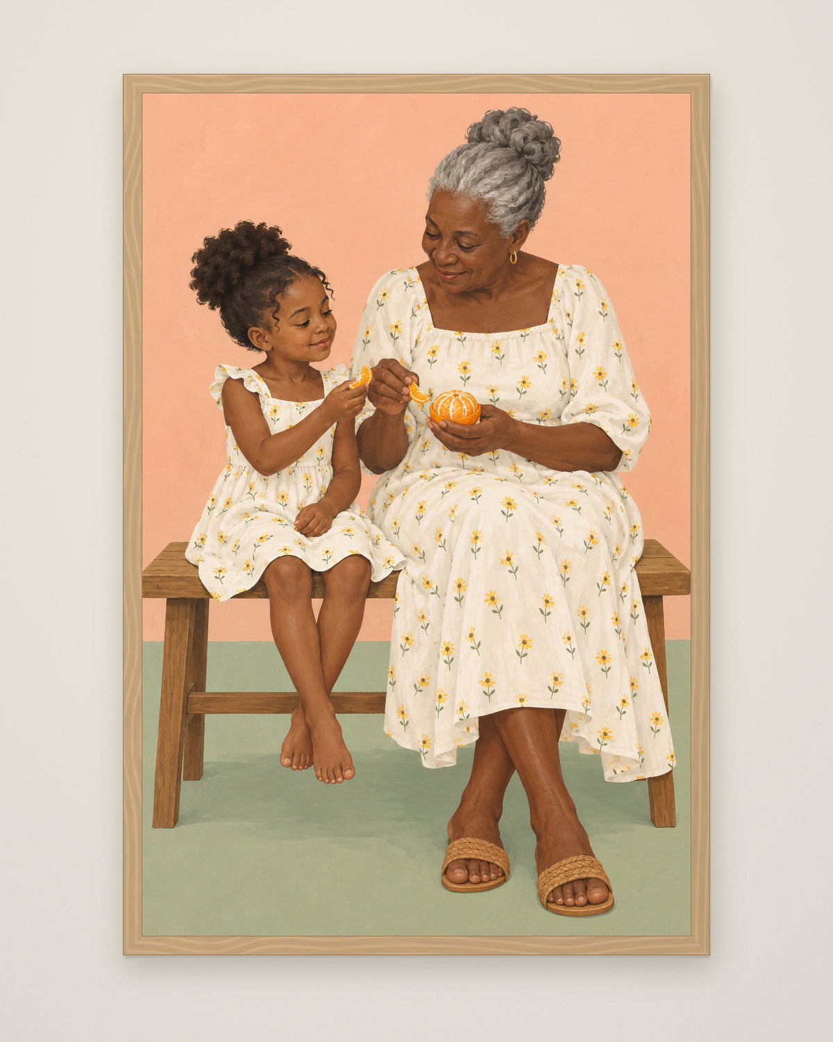Sunday Oranges by Theo Ashby, Museum Edition framed edge to edge in a natural box frame, 60 × 90 cm and 80 × 120 cm