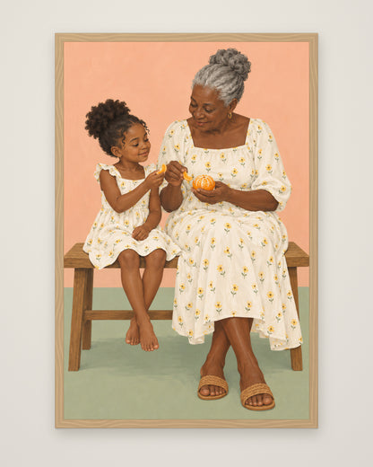 Sunday Oranges by Theo Ashby, Museum Edition framed edge to edge in a natural box frame, 60 × 90 cm and 80 × 120 cm