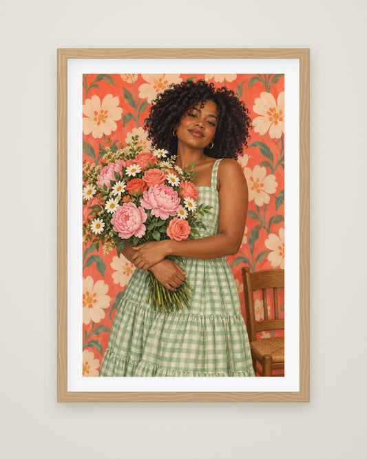 Sunday Peonies by Simone Harlow, Museum Edition framed fine art print in a natural box frame with a snow white mount