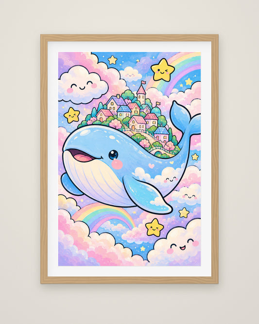 Sweet Dreams Whale by Juno Bright, Museum Edition framed fine art print in a natural box frame with a snow white mount