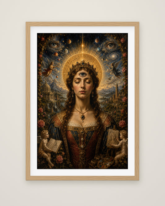 The Awakening of Celestia by Lorenza di Valieri, Museum Edition framed fine art print in a natural box frame with a snow white mount
