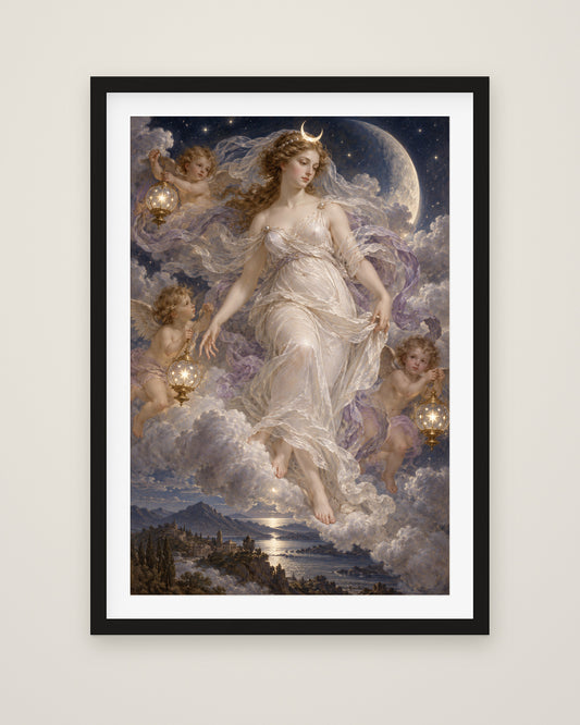 The Descent of Selene by Lorenza di Valieri, Museum Edition framed fine art print in a black box frame with a snow white mount