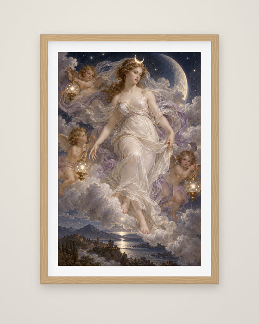 The Descent of Selene by Lorenza di Valieri, Museum Edition framed fine art print in a natural box frame with a snow white mount