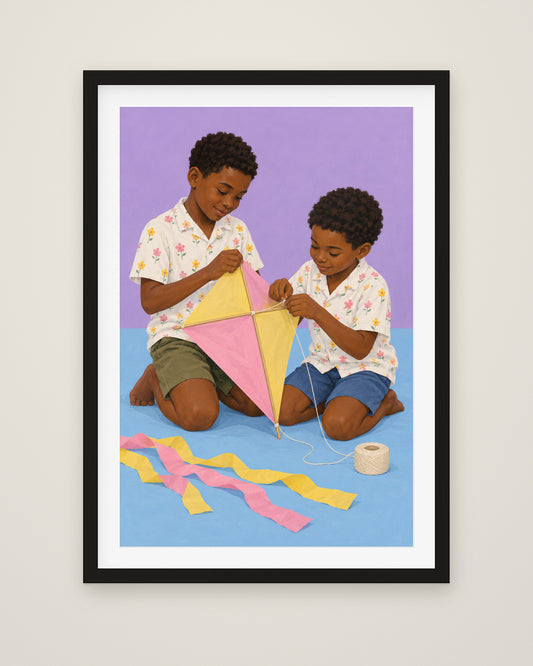 The Kite Makers by Theo Ashby, Museum Edition framed fine art print in a black box frame with a snow white mount