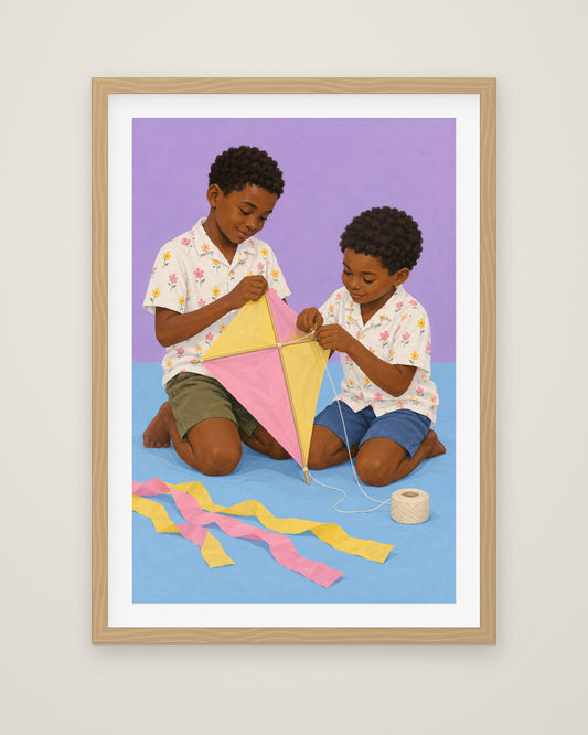 The Kite Makers by Theo Ashby, Museum Edition framed fine art print in a natural box frame with a snow white mount