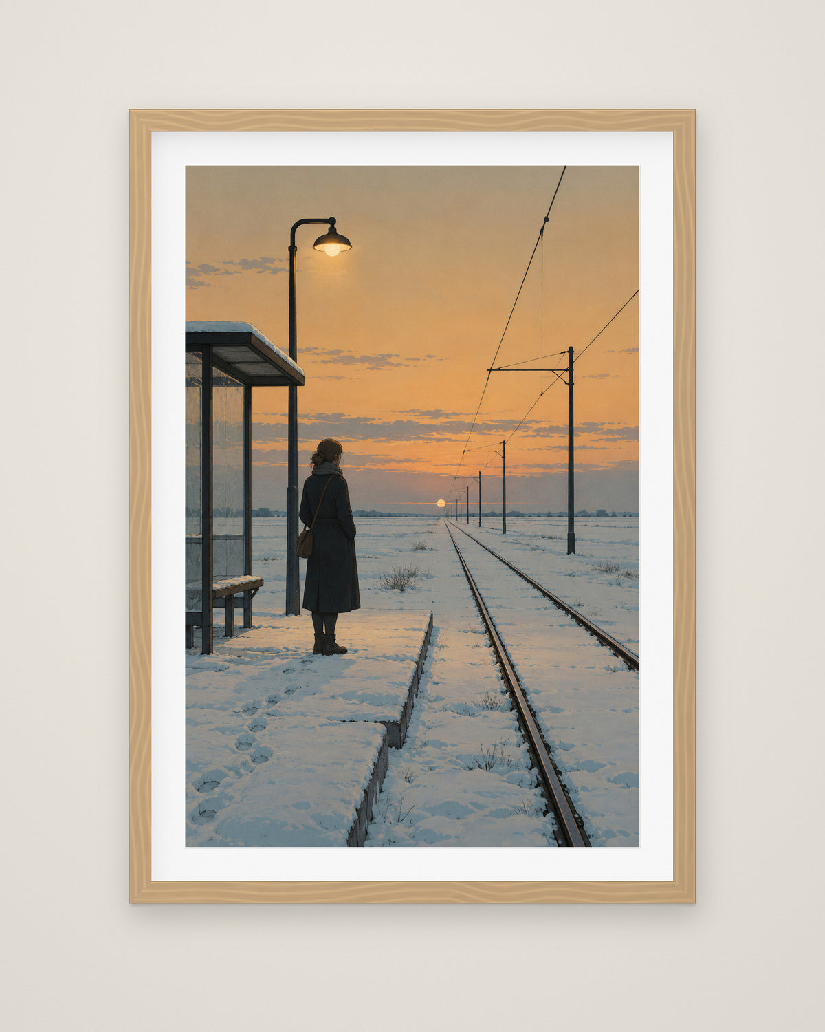 The Last Tram by Elias Northcott, Museum Edition framed fine art print in a natural box frame with a snow white mount